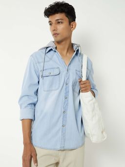 max - Blue Cotton Full Sleeves Regular Fit Hooded Solid Shirt