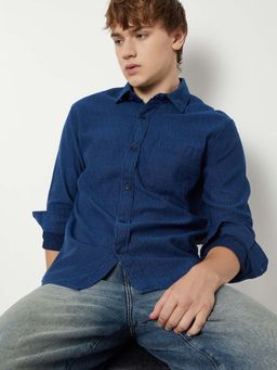 max - Blue Cotton Full Sleeves Regular Fit Collar Neck Textured Shirt