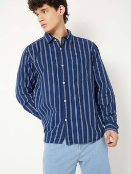 max - Blue Cotton Full Sleeves Regular Fit Collar Neck Stripes Shirt