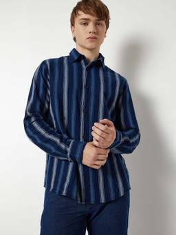max - Blue Cotton Full Sleeves Regular Fit Collar Neck Stripes Shirt