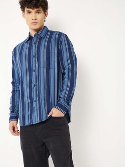 max - Blue Cotton Full Sleeves Regular Fit Collar Neck Stripes Shirt