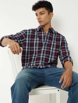 max - Red Cotton Full Sleeves Regular Fit Collar Neck Checks Shirt