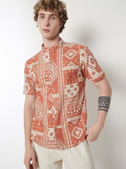 max - Orange Cotton Half Sleeves Regular Fit Mandarin Neck Printed Shirt