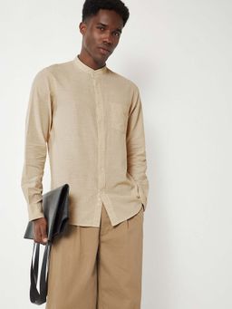 max - Beige Cotton Blend Full Sleeves Regular Fit Collar Neck Textured Shirt