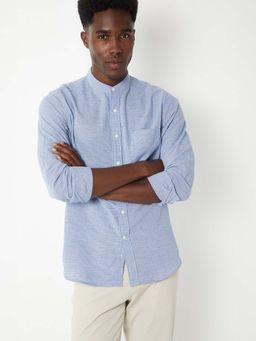 max - Blue Cotton Blend Full Sleeves Regular Fit Collar Neck Textured Shirt