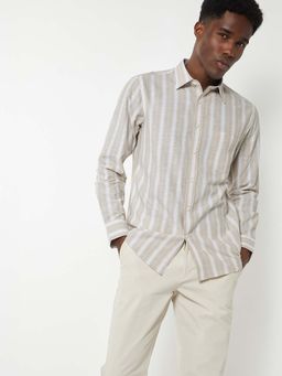 max - Beige Cotton Blend Full Sleeves Regular Fit Collar Neck Stripes Shirt