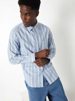 max - Blue Cotton Blend Full Sleeves Regular Fit Collar Neck Stripes Shirt