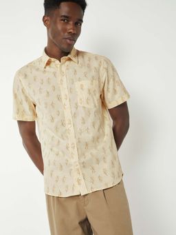 max - Beige Cotton Blend Half Sleeves Regular Fit Collar Neck Printed Shirt