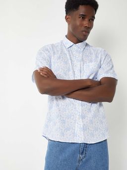 max - Blue Cotton Blend Half Sleeves Regular Fit Collar Neck Printed Shirt