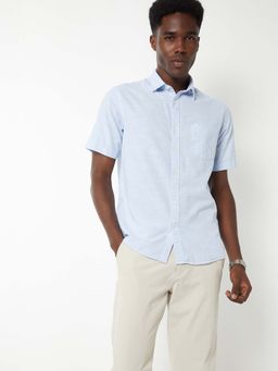 max - Blue Cotton Blend Half Sleeves Regular Fit Collar Neck Solid Shirt