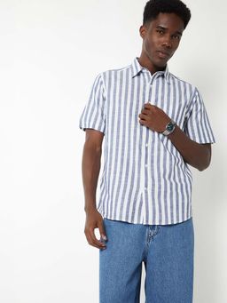 max - Blue Cotton Blend Half Sleeves Regular Fit Collar Neck Stripes Shirt