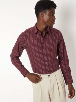 max - Maroon Cotton Full Sleeves Regular Fit Collar Neck Stripes Shirt