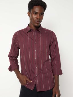 max - Maroon Cotton Full Sleeves Regular Fit Collar Neck Stripes Shirt