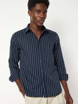 max - Blue Cotton Full Sleeves Regular Fit Collar Neck Stripes Shirt