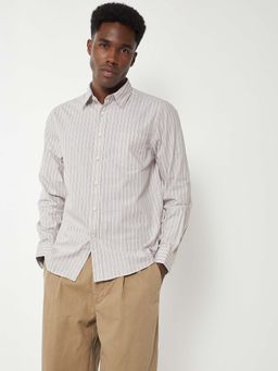 max - Beige Cotton Full Sleeves Regular Fit Collar Neck Stripes Shirt