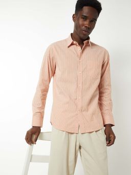 max - Peach Cotton Full Sleeves Regular Fit Collar Neck Stripes Shirt