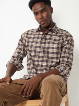 max - Brown Cotton Full Sleeves Regular Fit Collar Neck Checks Shirt