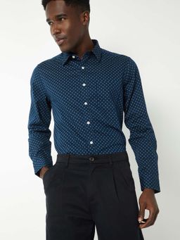 max - Blue Cotton Full Sleeves Regular Fit Collar Neck Printed Shirt