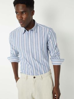 max - Blue Cotton Full Sleeves Regular Fit Collar Neck Stripes Shirt