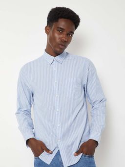 max - Blue Cotton Full Sleeves Regular Fit Collar Neck Stripes Shirt