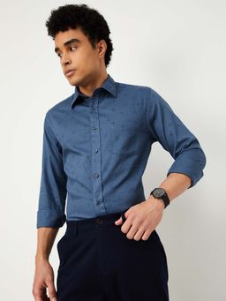 max - Blue Cotton Full Sleeves Regular Fit Collar Neck Embroidered Shirt