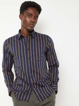 max - Navy Blue Cotton Full Sleeves Regular Fit Collar Neck Stripes Shirt