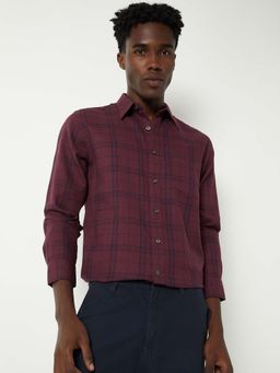 max - Wine Cotton Full Sleeves Regular Fit Collar Neck Checks Shirt