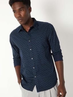 max - Teal Cotton Full Sleeves Regular Fit Collar Neck Printed Shirt