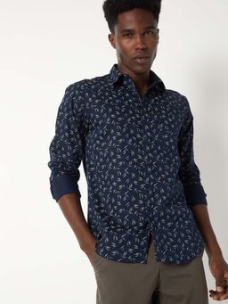 max - Navy Blue Cotton Full Sleeves Regular Fit Collar Neck Printed Shirt