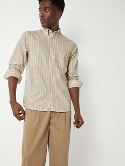 max - Beige Cotton Full Sleeves Regular Fit Collar Neck Stripes Shirt