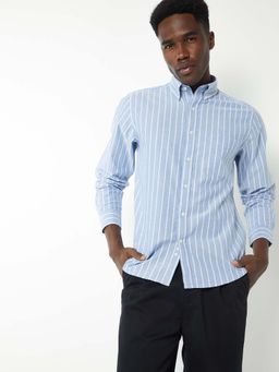 max - Blue Cotton Full Sleeves Regular Fit Collar Neck Stripes Shirt