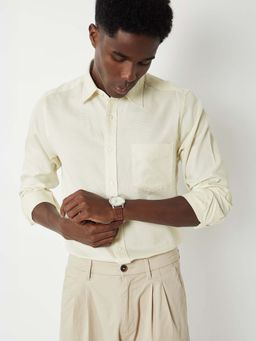 max - Beige Cotton Full Sleeves Regular Fit Collar Neck Textured Shirt