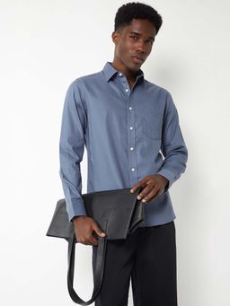 max - Blue Cotton Full Sleeves Regular Fit Collar Neck Textured Shirt