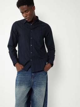 max - Blue Cotton Full Sleeves Regular Fit Collar Neck Stripes Shirt
