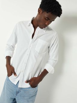 max - White Cotton Full Sleeves Regular Fit Collar Neck Stripes Shirt