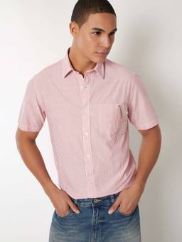 max - Pink Cotton Blend Half Sleeves Regular Fit Collar Neck Stripes Shirt