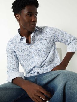 max - Blue Cotton Full Sleeves Regular Fit Collar Neck Printed Shirt