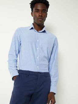 max - Blue Polyester Full Sleeves Regular Fit Collar Neck Stripes Shirt