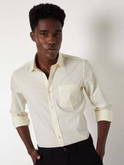 max - Cream Cotton Blend Full Sleeves Regular Fit Collar Neck Solid Shirt