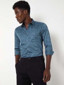 max - Blue Cotton Full Sleeves Regular Fit Collar Neck Printed Shirt