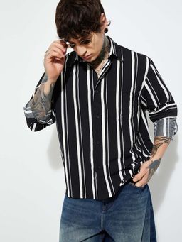 max - Black Polyester Blend Full Sleeves Regular Fit Collar Neck Stripes Shirt