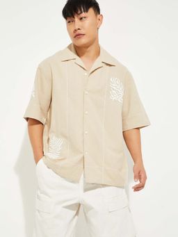 max - Beige Polyester Blend Half Sleeves Regular Fit Collar Neck Embroidered Shirt