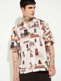 max - Beige Polyester Blend Half Sleeves Regular Fit Collar Neck Printed Shirt