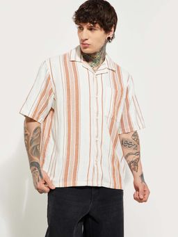 max - Orange Cotton Half Sleeves Regular Fit Collar Neck Stripes Shirt