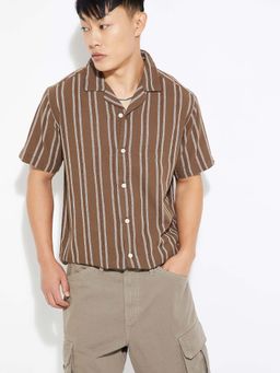 max - Beige Cotton Half Sleeves Regular Fit Collar Neck Stripes Shirt