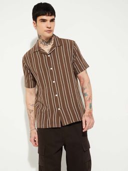 max - Brown Cotton Half Sleeves Regular Fit Collar Neck Stripes Shirt