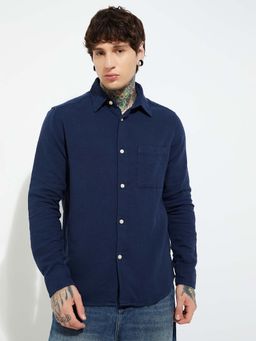 max - Navy Blue Cotton Full Sleeves Regular Fit Collar Neck Solid Shirt