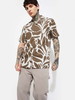 max - Brown Viscose Half Sleeves Regular Fit Collar Neck Printed Shirt
