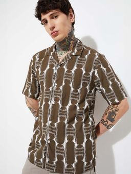 max - Brown Viscose Half Sleeves Regular Fit Collar Neck Printed Shirt