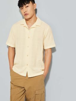 max - Beige Viscose Rayon Half Sleeves Regular Fit Collar Neck Stripes Shirt